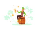 Cute cartoon leprechaun sits on barrel of beer amongst shamrock.